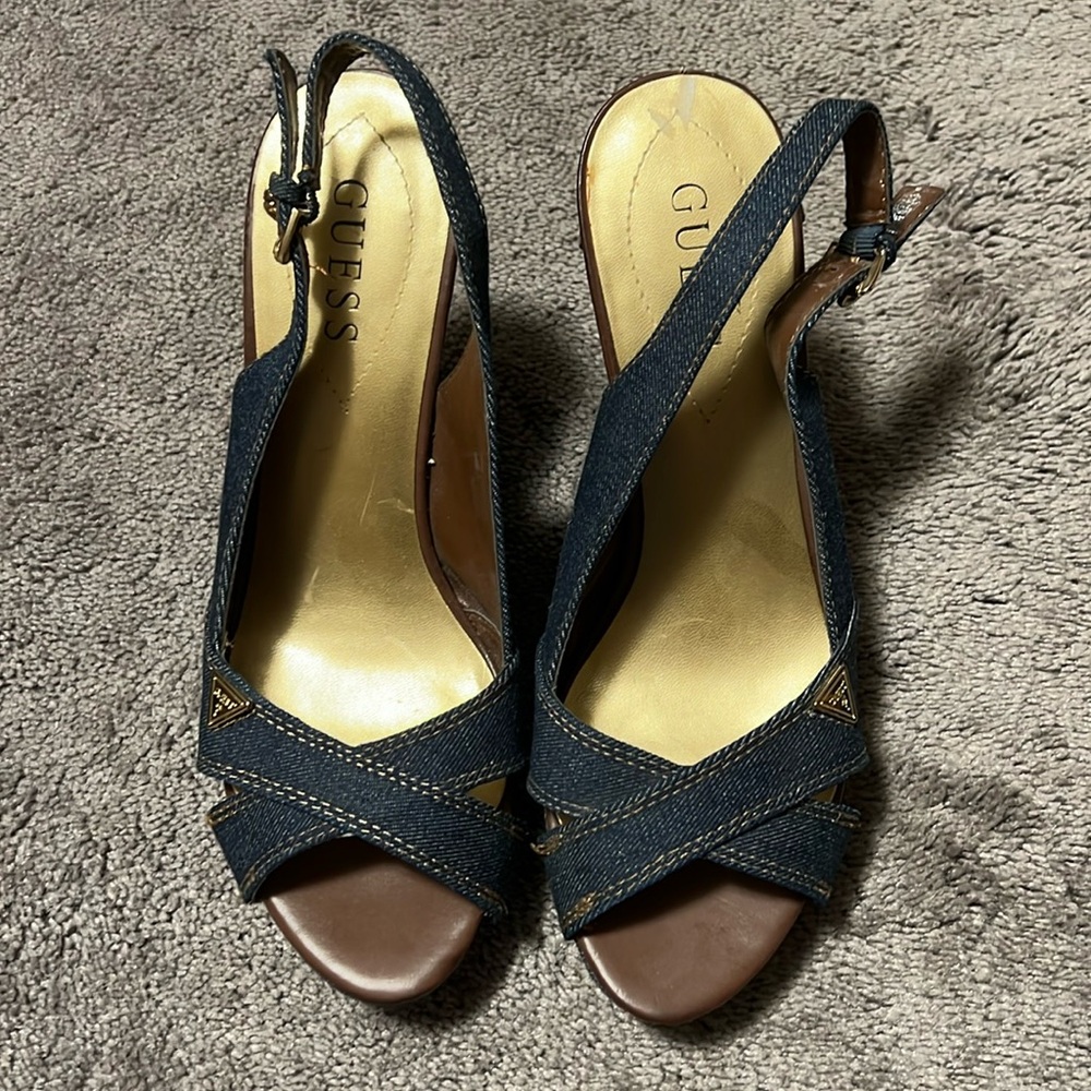 Guess Blue and Brown Slingback Wedges